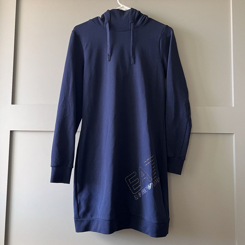 EMPORIO ARMANI EA7 Hoodie Sweatshirt Dress Women Small Jersey Navy‎ Blue Luxury